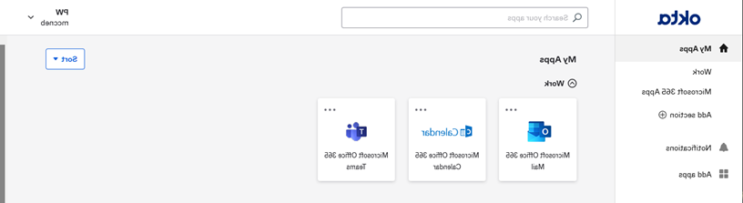 Okta Homepage displaying My Apps. The account login is at the top right corner of the page to the right of the search bar